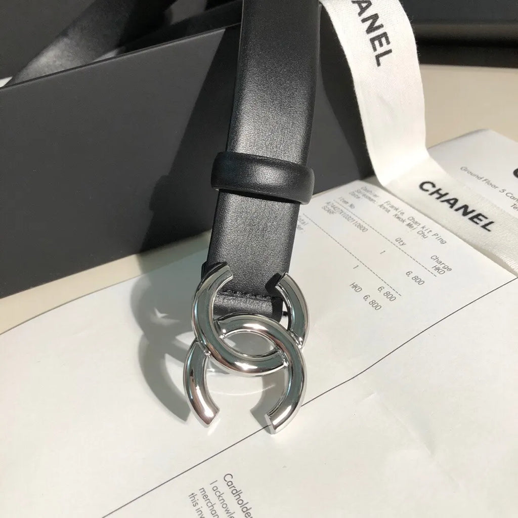 Chanel Black Leather Belt Silver CC interlocking - Hình 3
