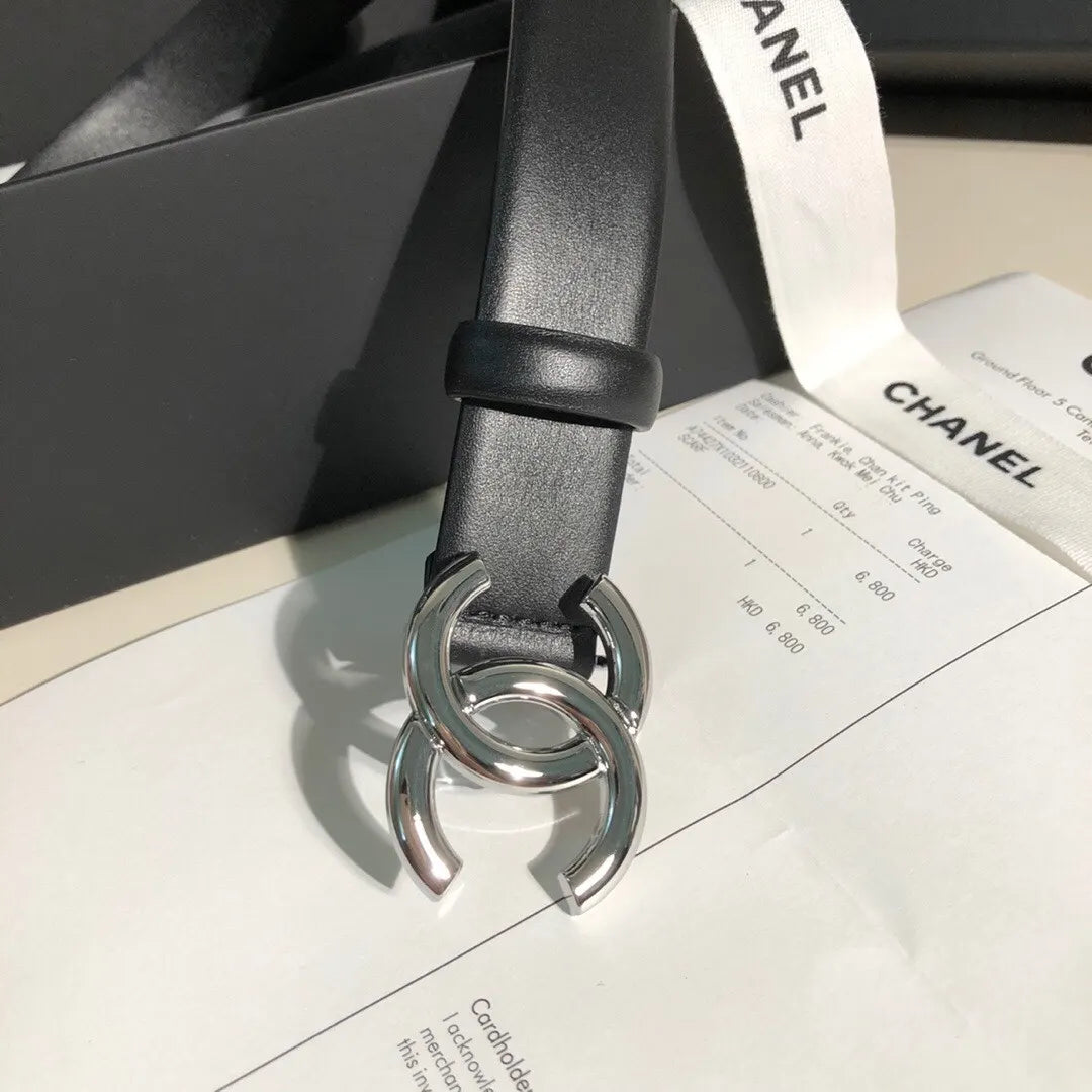 Chanel Black Leather Belt Silver CC interlocking - Hình 3