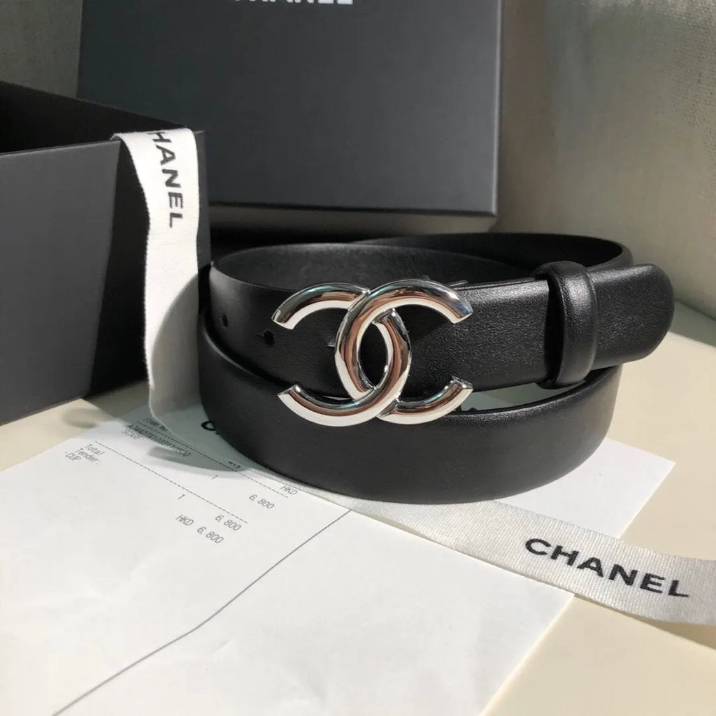 Chanel Black Leather Belt Silver CC interlocking - Hình 4