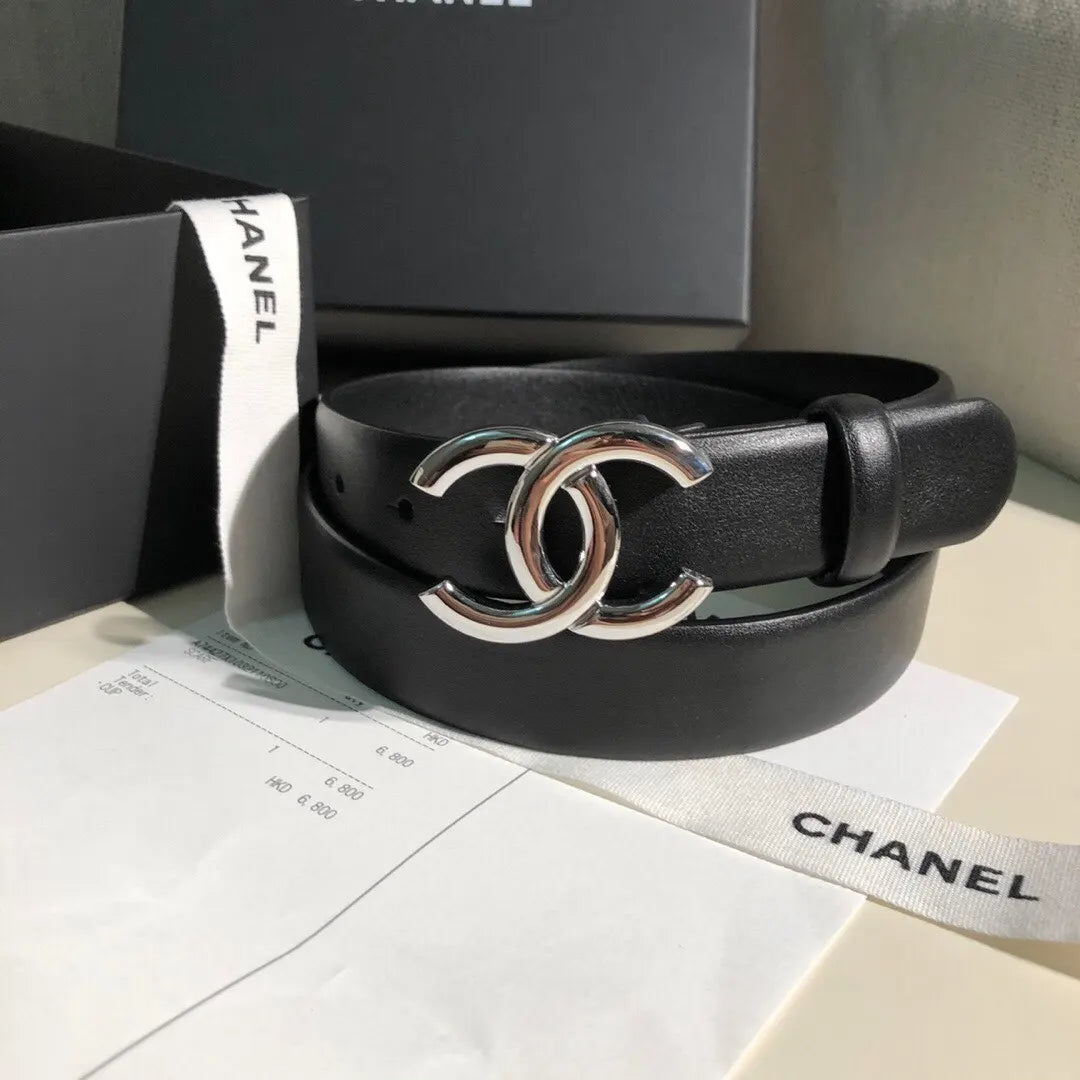 Chanel Black Leather Belt Silver CC interlocking - Hình 4