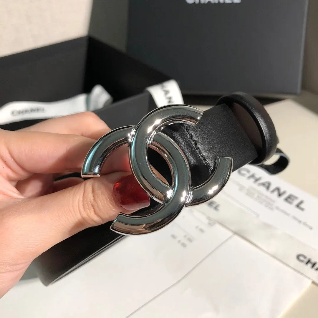 Chanel Black Leather Belt Silver CC interlocking - Hình 5