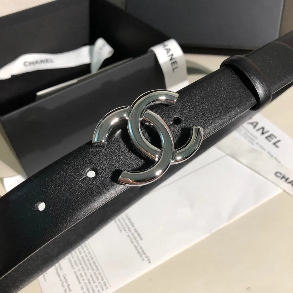 Chanel Black Leather Belt Silver CC interlocking - Hình 6