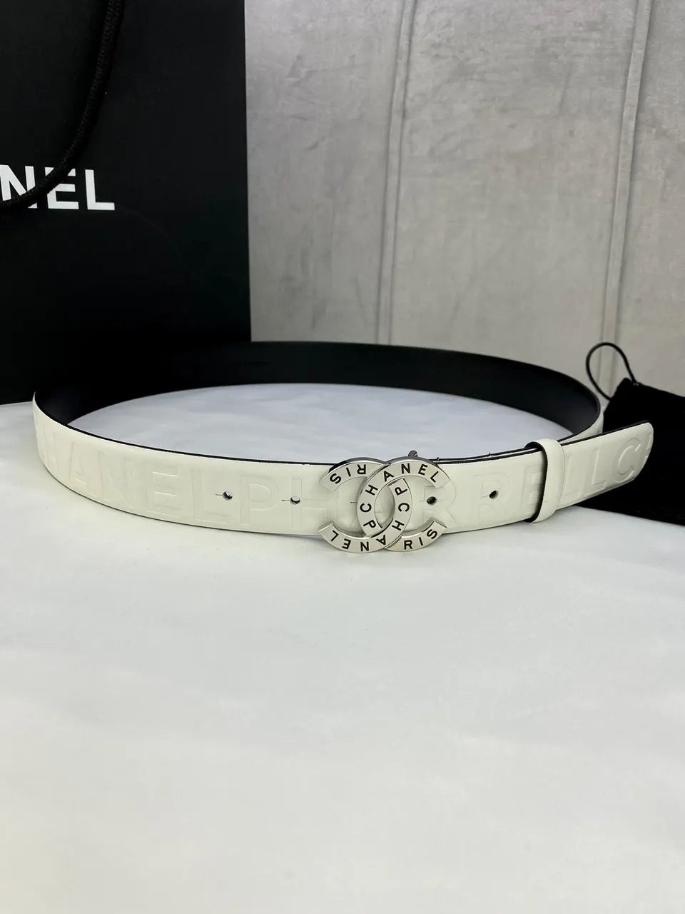 Chanel White Leather Belt silver cc