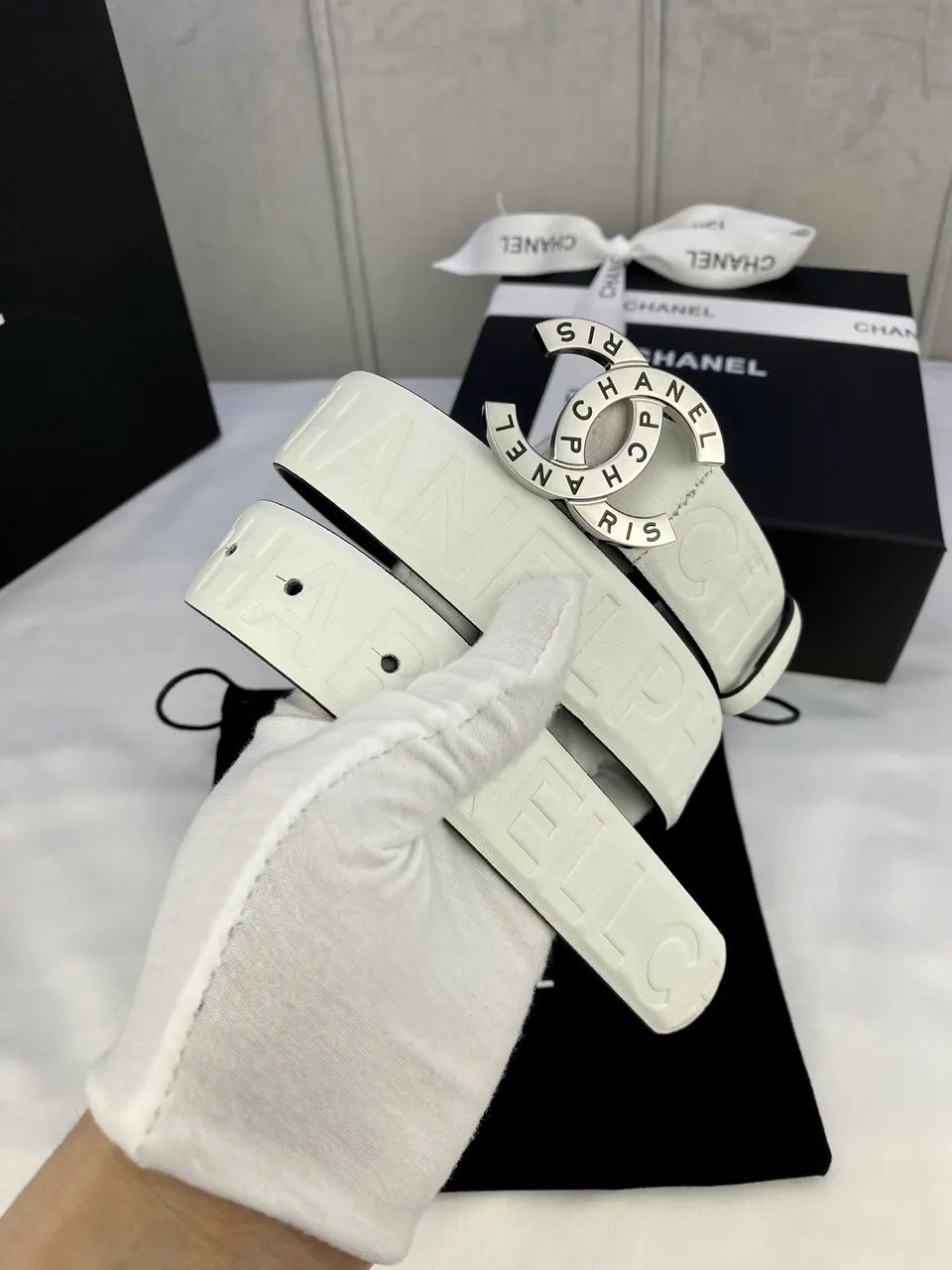 Chanel White Leather Belt silver cc - Hình 2
