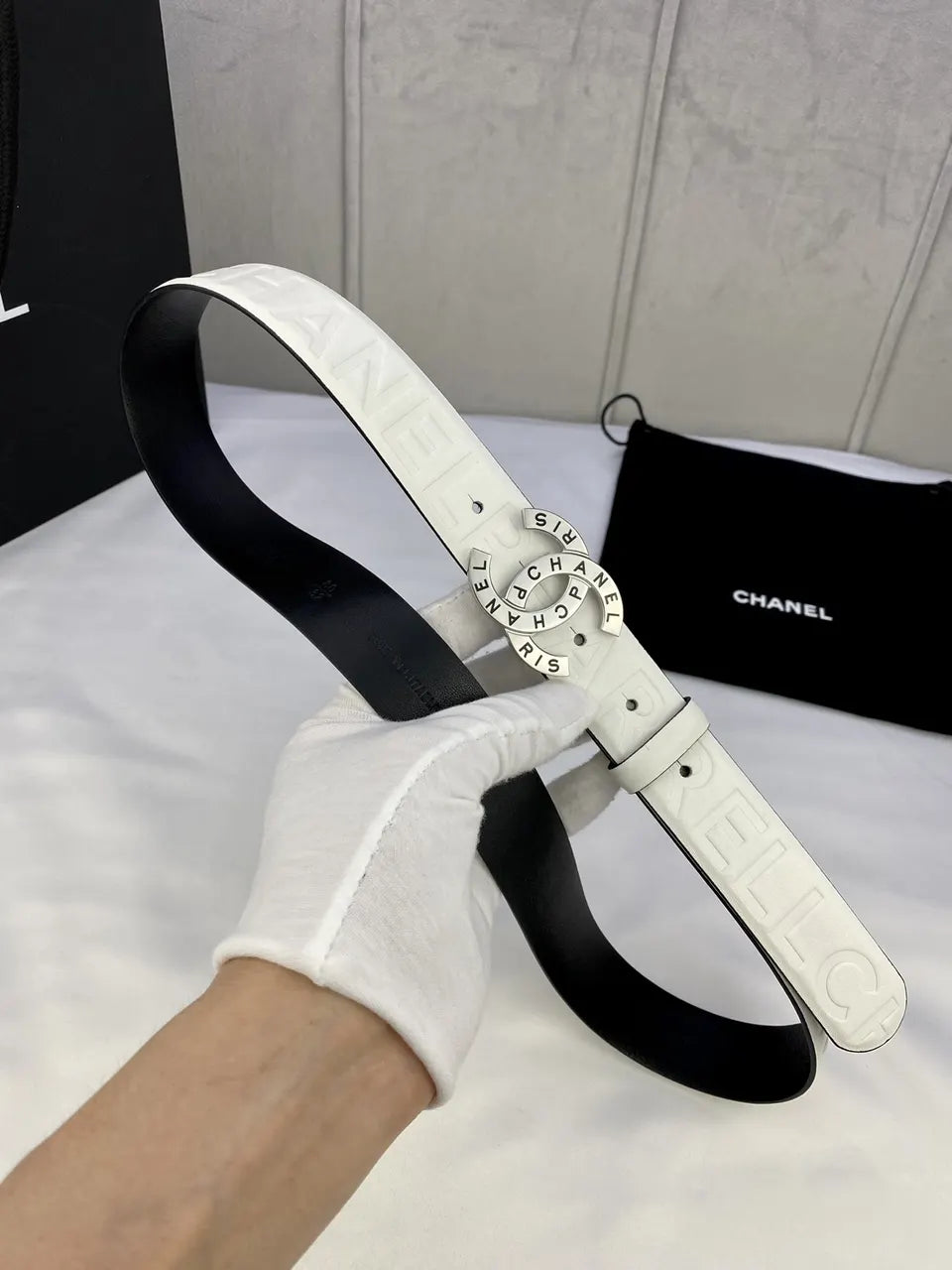 Chanel White Leather Belt silver cc - Hình 3