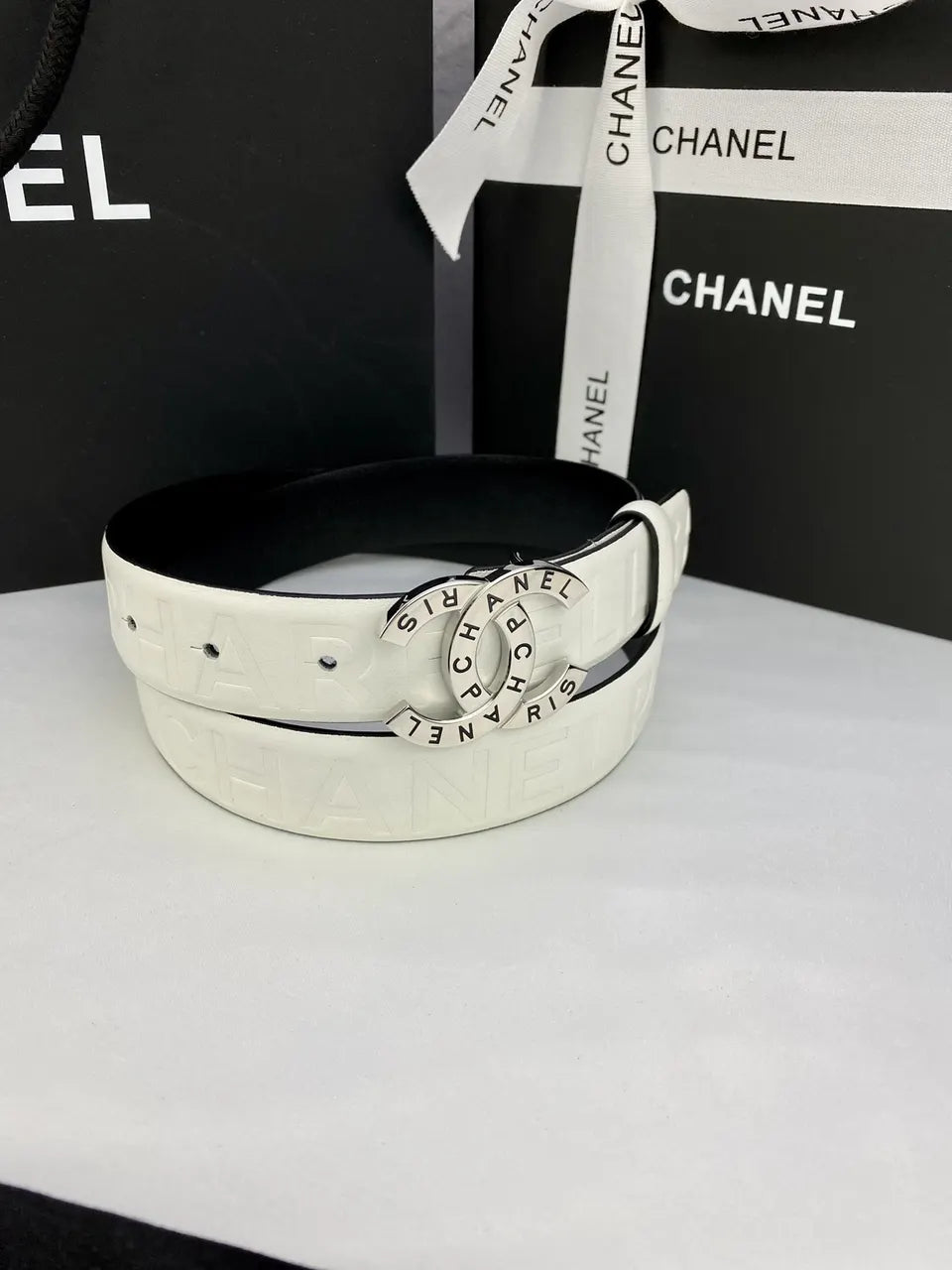 Chanel White Leather Belt silver cc - Hình 4