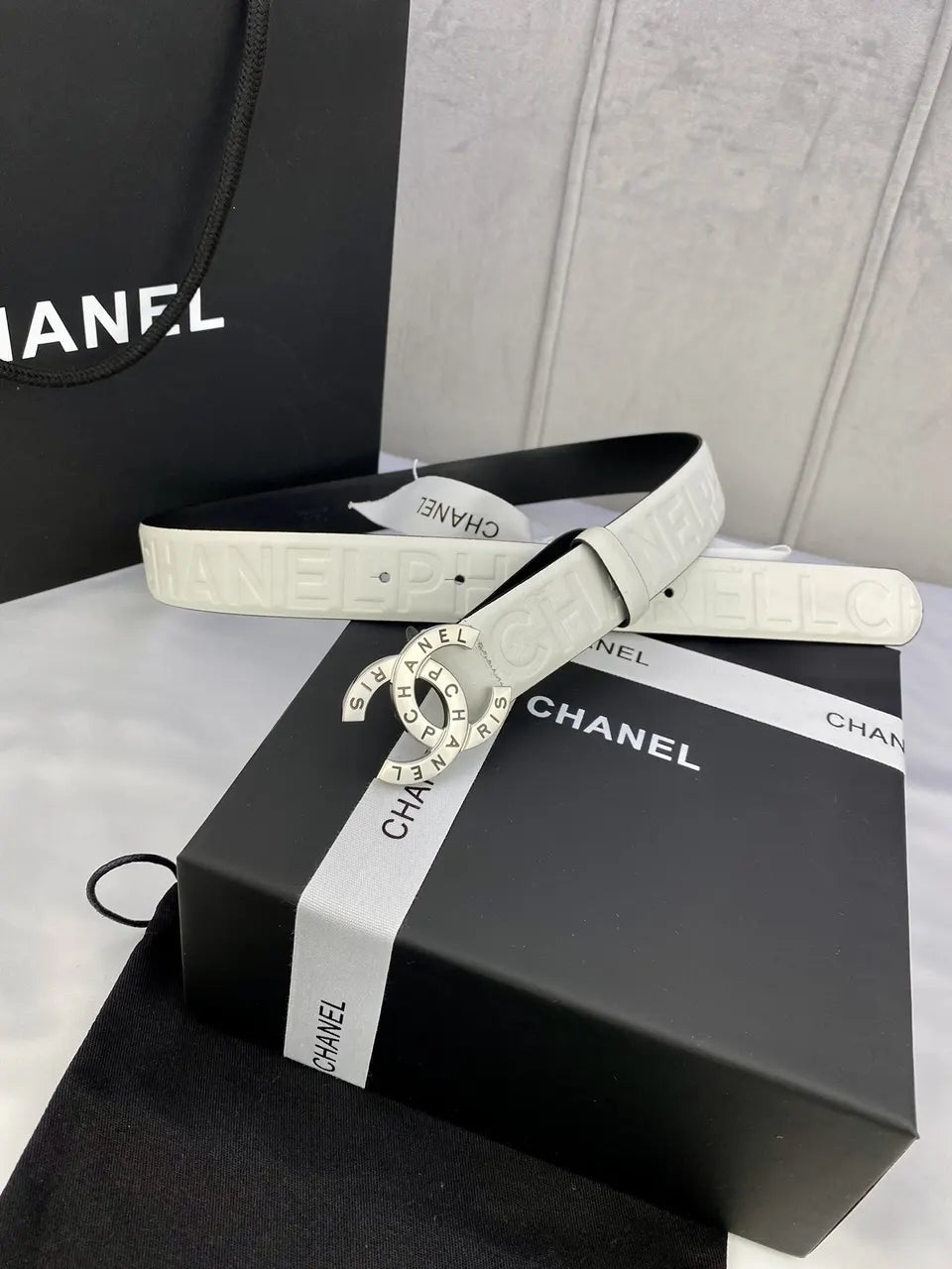 Chanel White Leather Belt silver cc - Hình 5