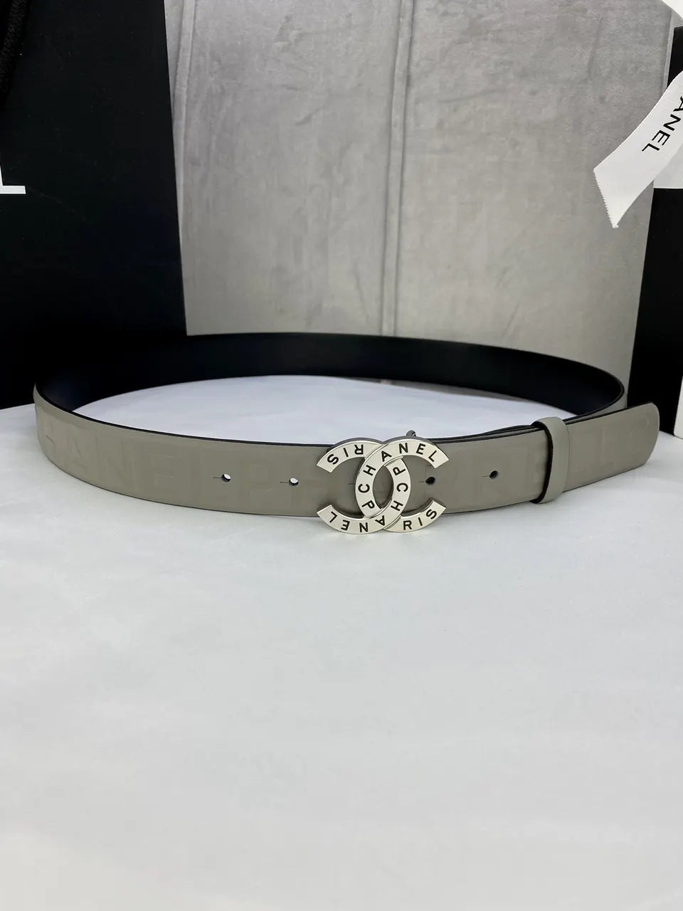 silver Chanel Gray Leather Belt