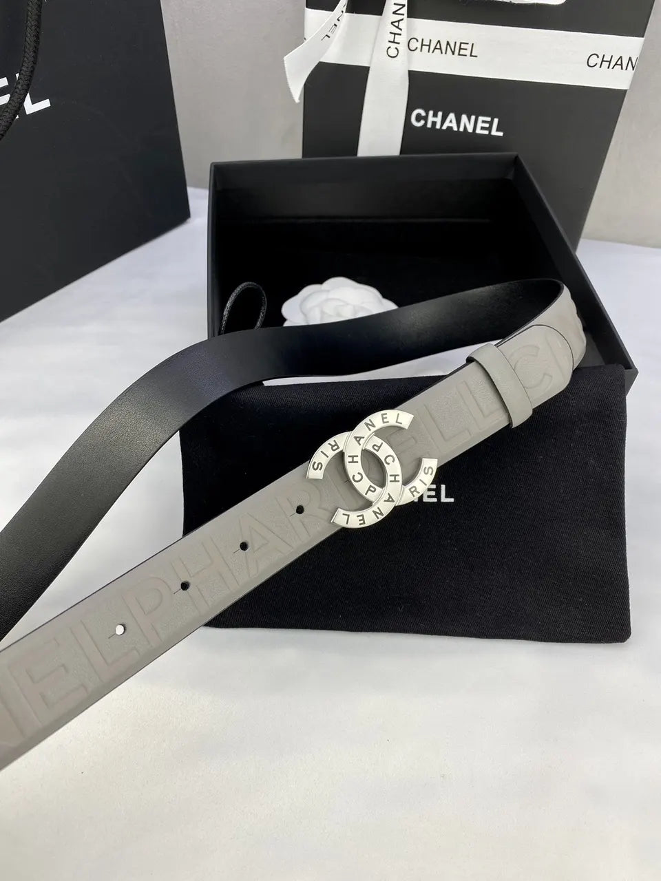 silver Chanel Gray Leather Belt - Hình 2