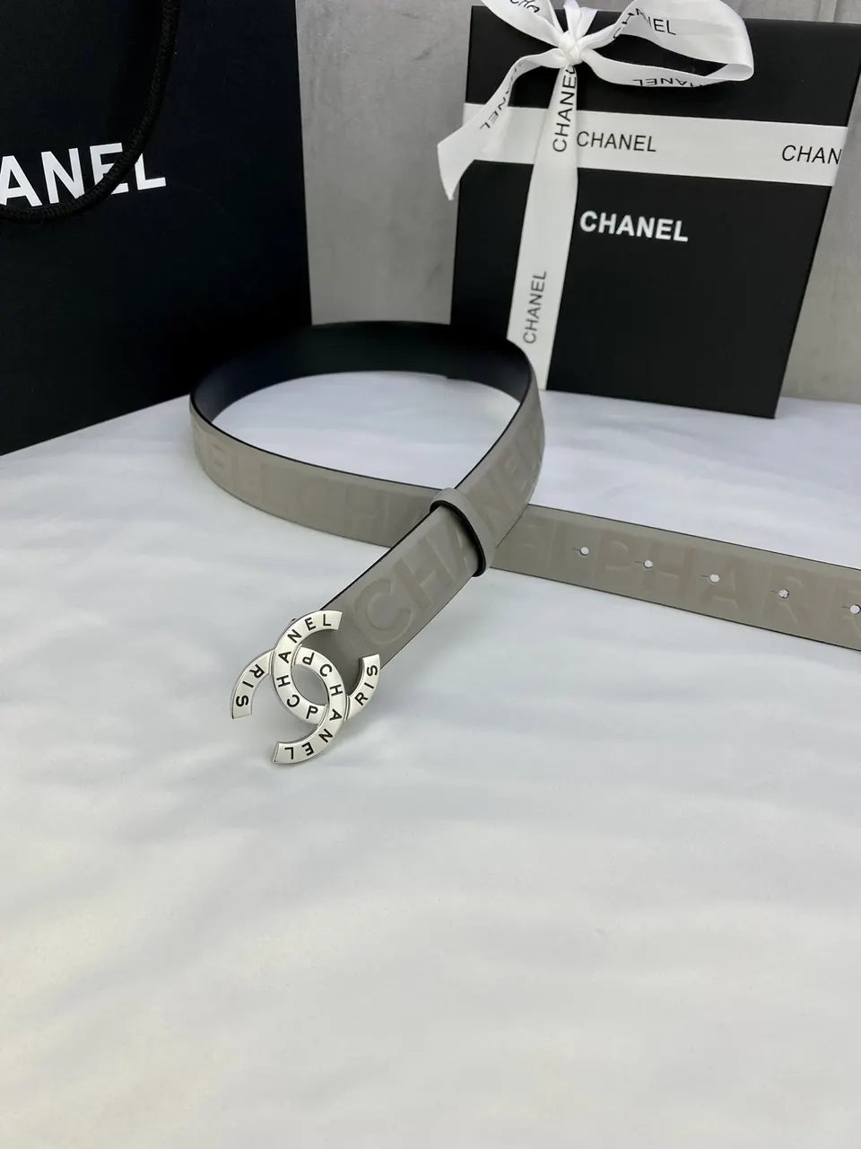 silver Chanel Gray Leather Belt - Hình 4