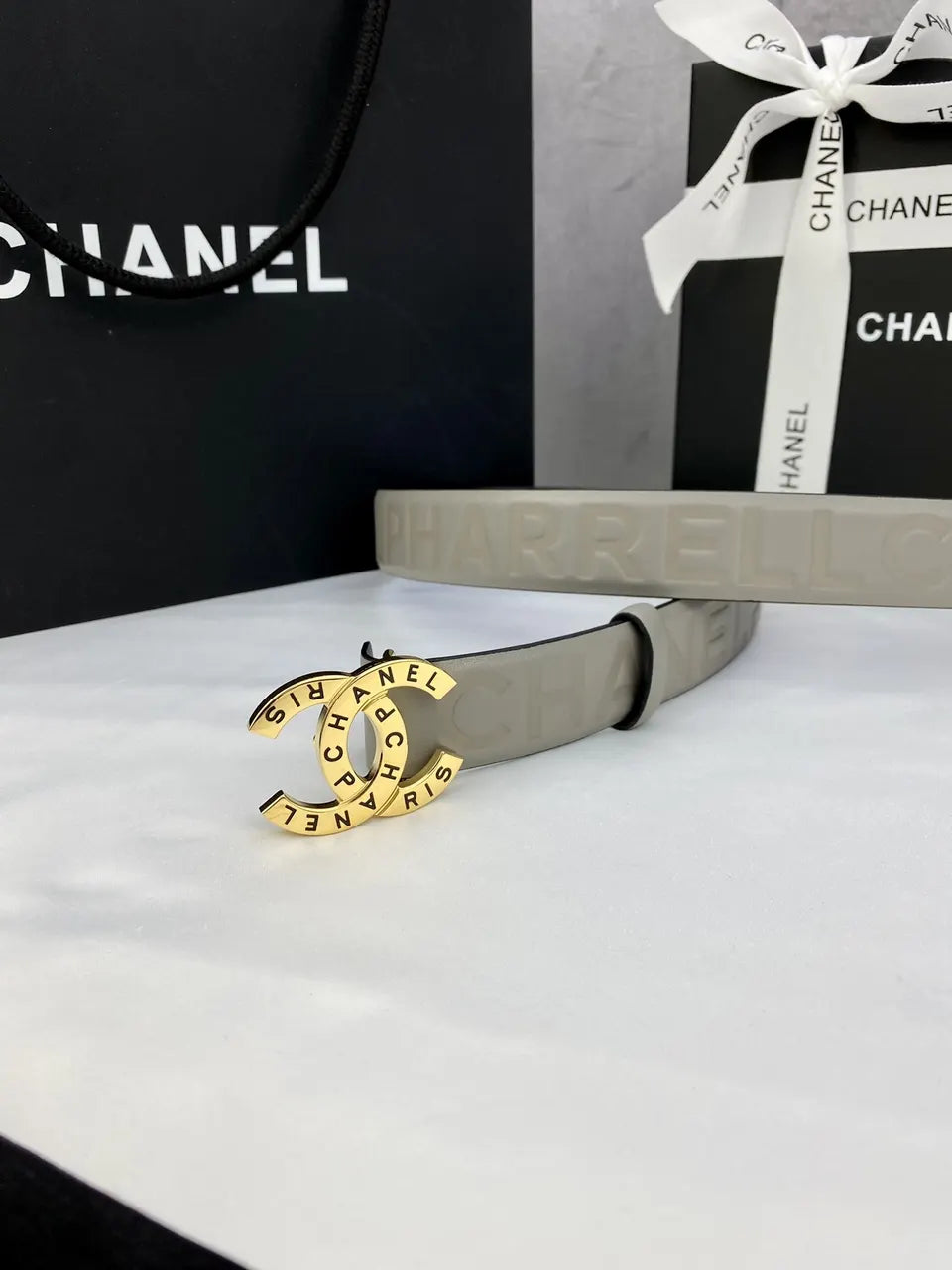 silver Chanel Gray Leather Belt - Hình 5