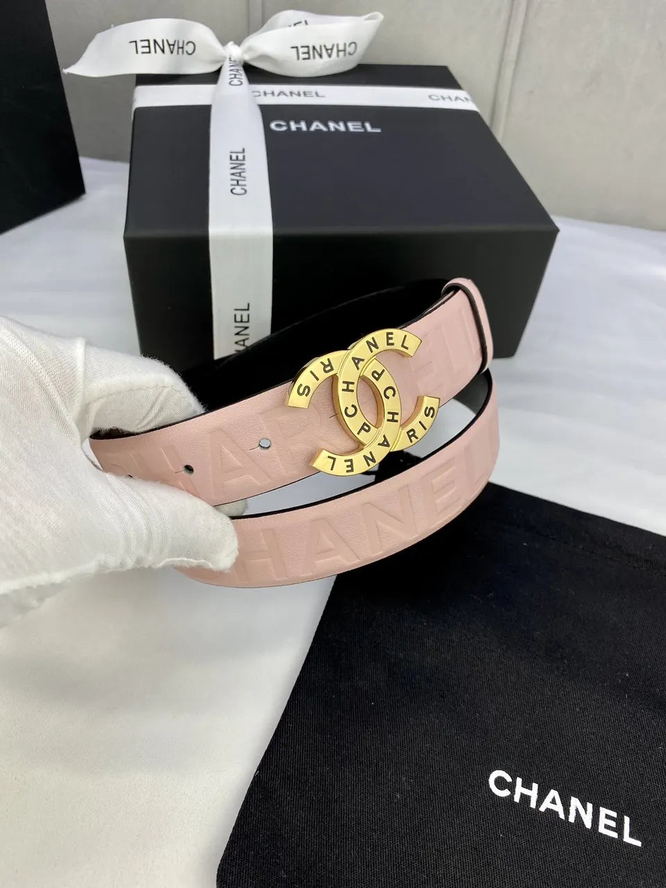 Chanel Light Pink Leather Belt golden - Hình 2