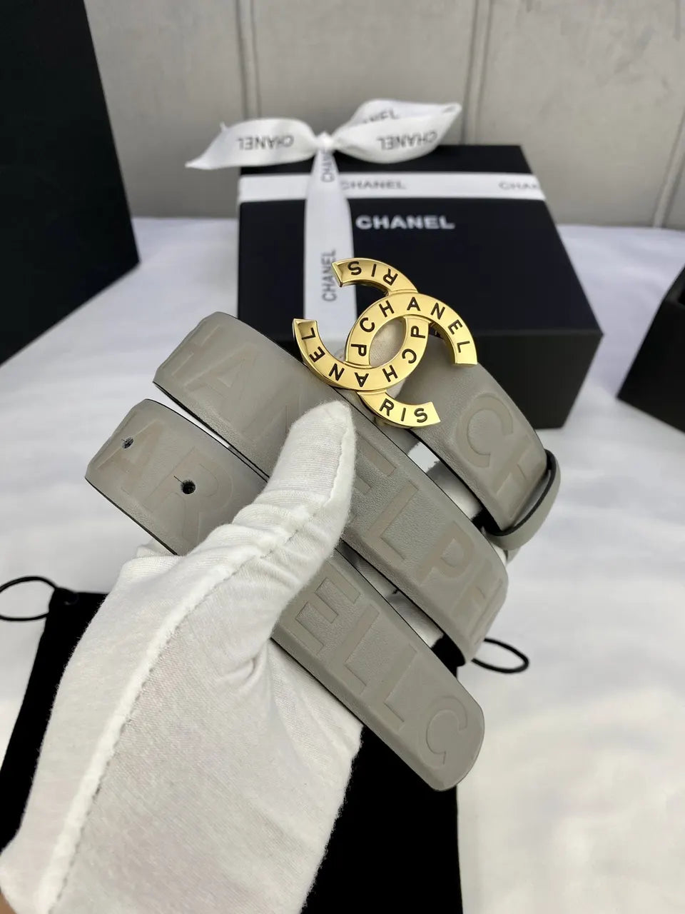 silver Chanel Gray Leather Belt - Hình 6
