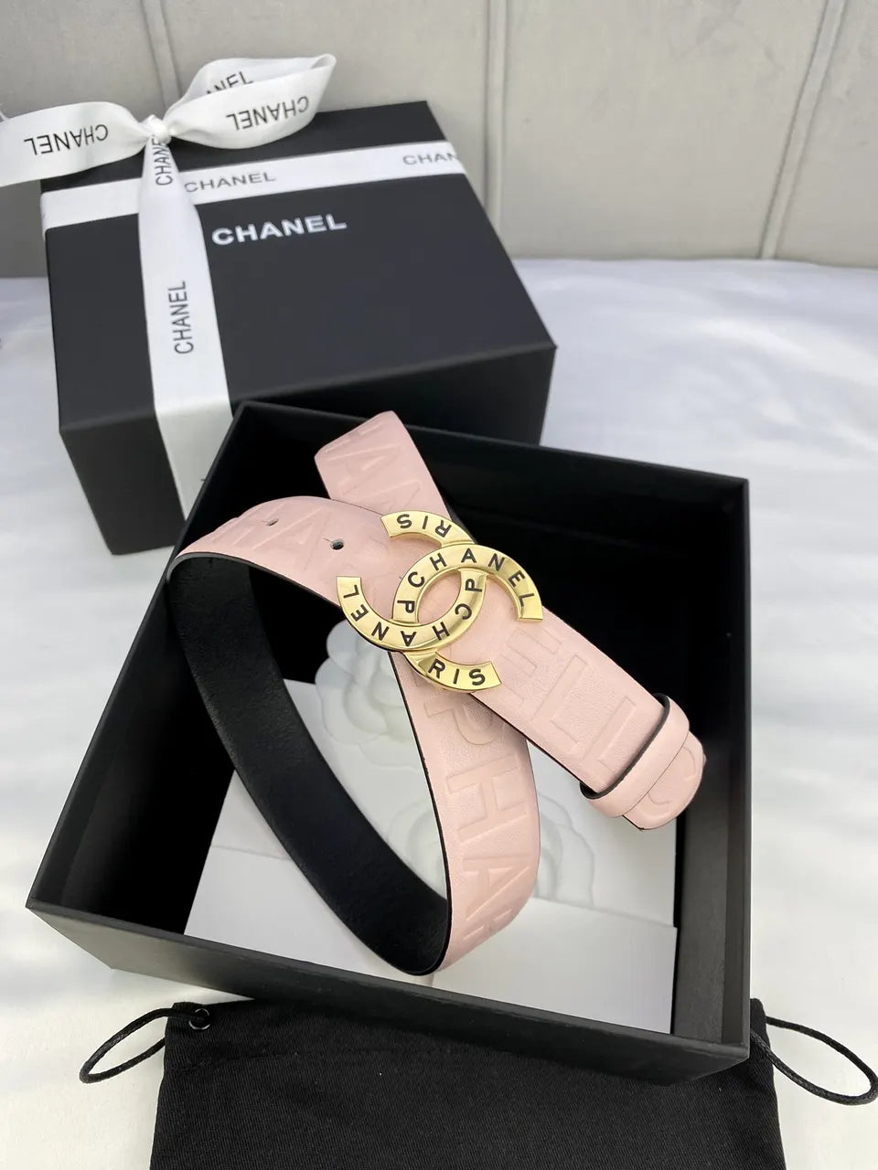 Chanel Light Pink Leather Belt golden - Hình 3