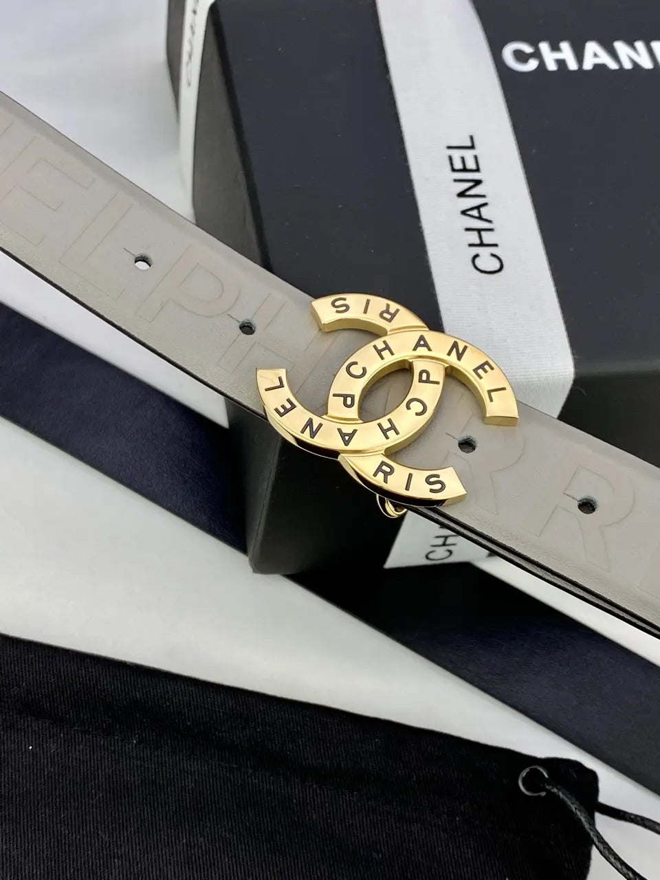 silver Chanel Gray Leather Belt - Hình 7