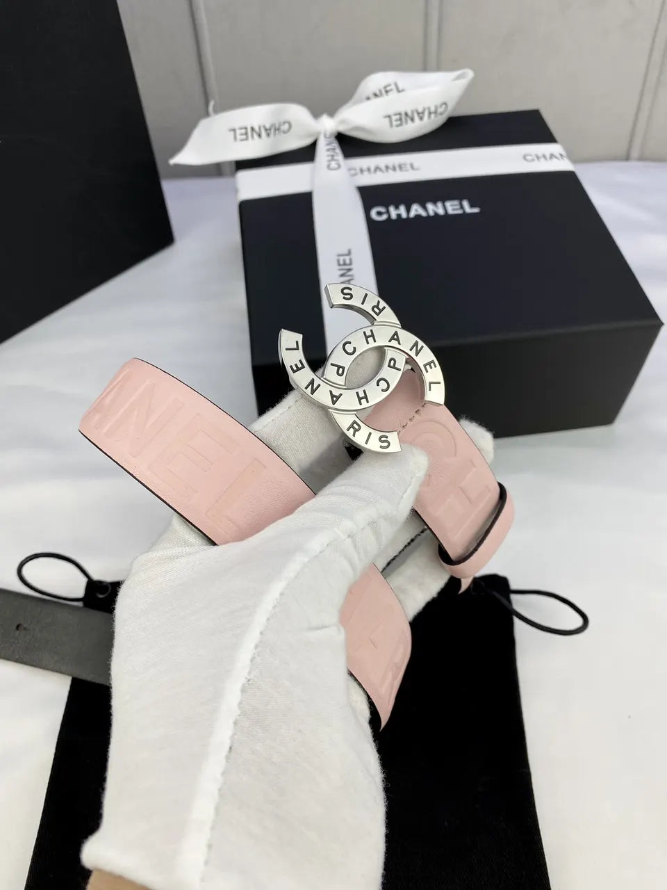 Chanel Light Pink Leather Belt golden - Hình 8