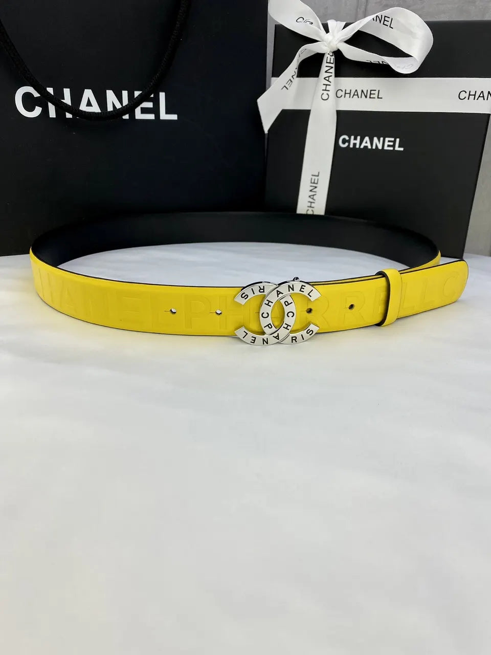 Chanel Yellow Leather Belt silver