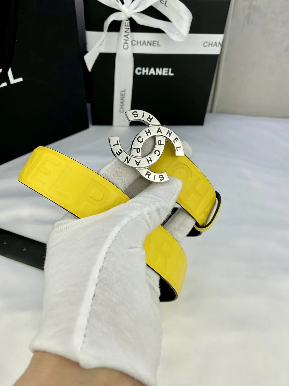 Chanel Yellow Leather Belt silver - Hình 3
