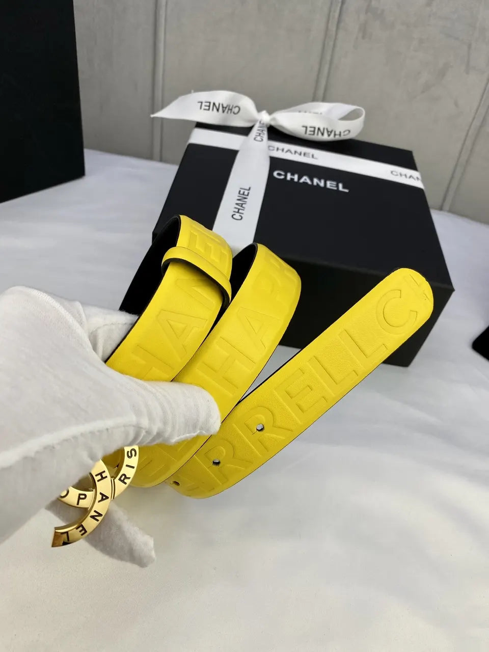 Chanel Yellow Leather Belt silver - Hình 7