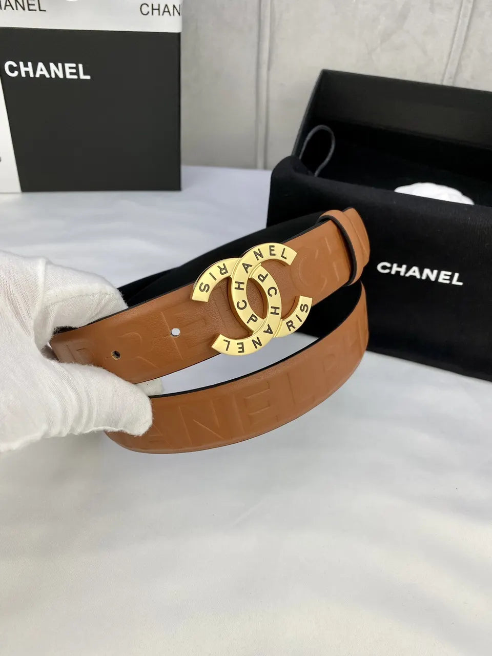 gold Chanel Caramel Leather Belt - Hình 2