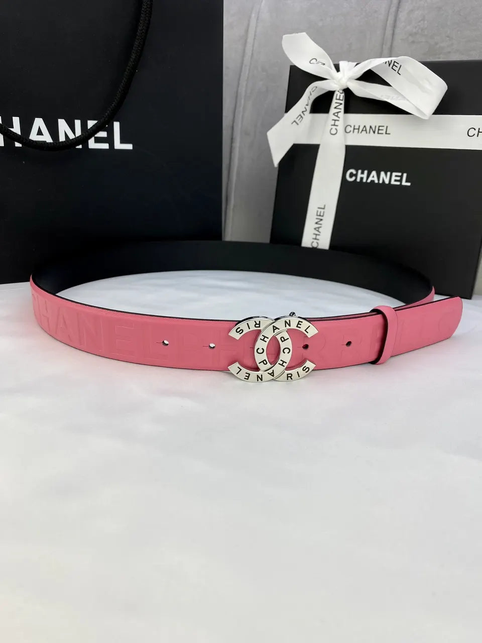 silver cc Chanel Pink Leather Belt
