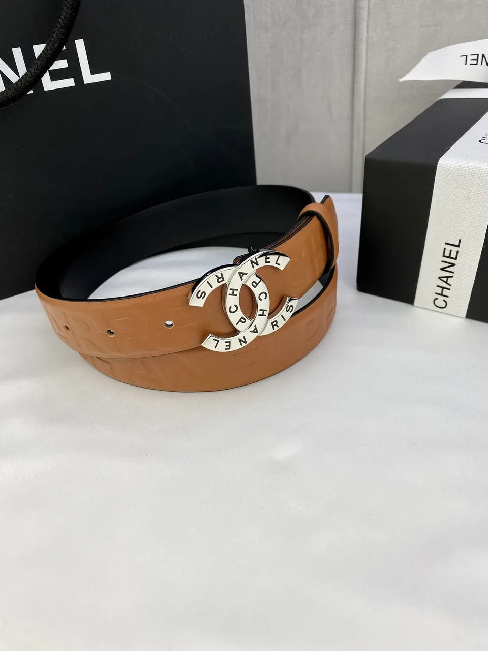 gold Chanel Caramel Leather Belt - Hình 5