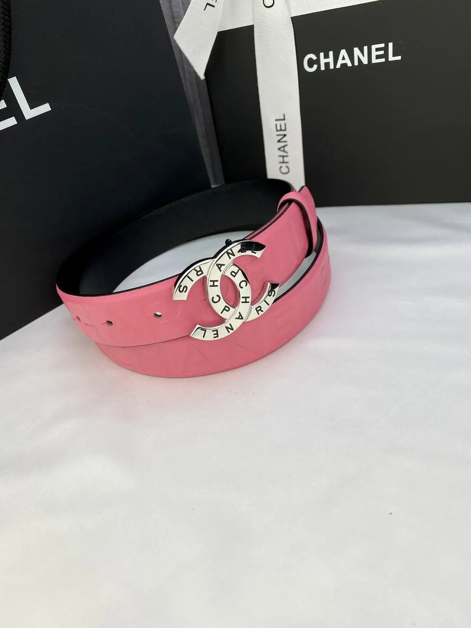 silver cc Chanel Pink Leather Belt - Hình 2