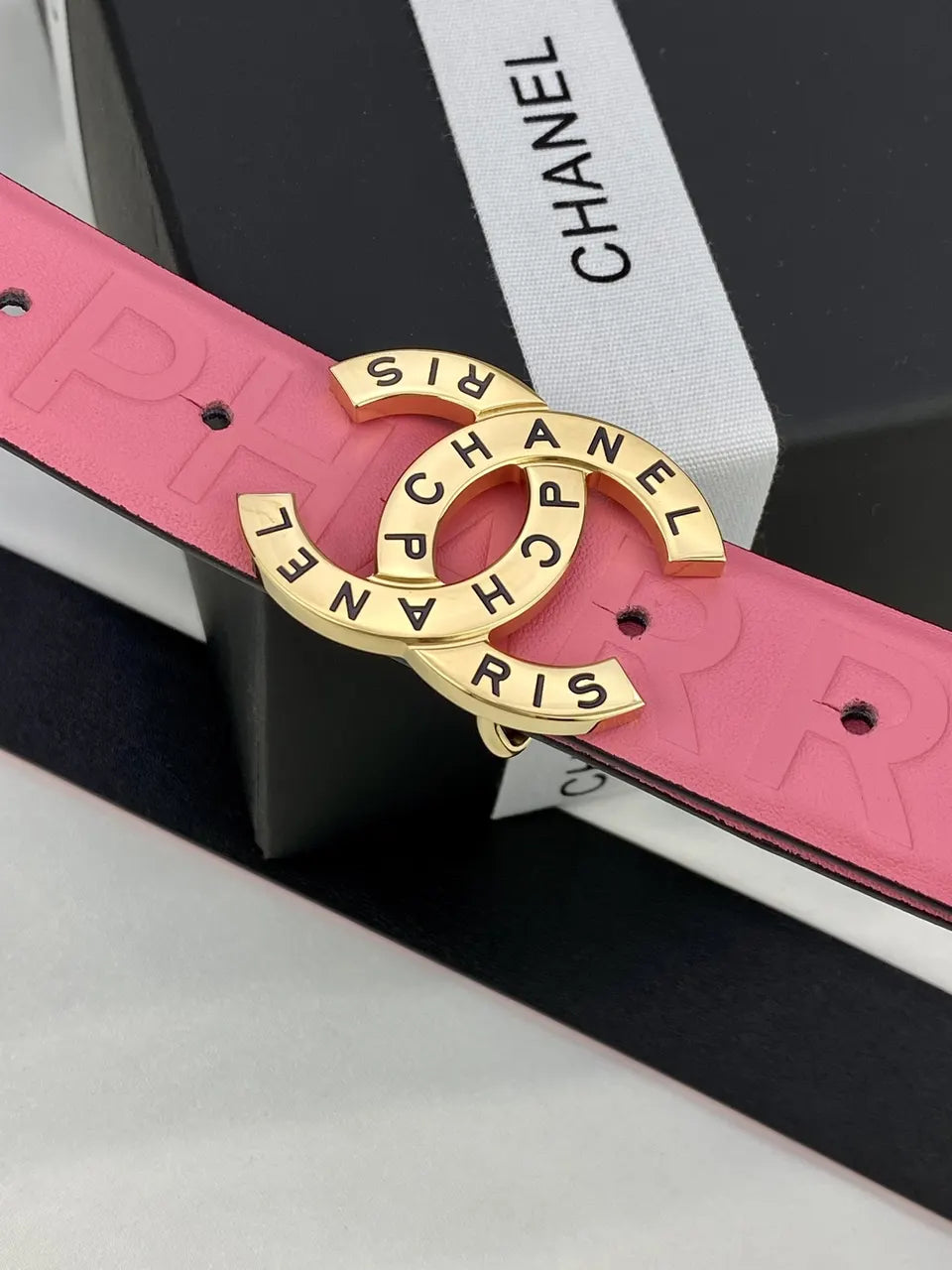 silver cc Chanel Pink Leather Belt - Hình 3
