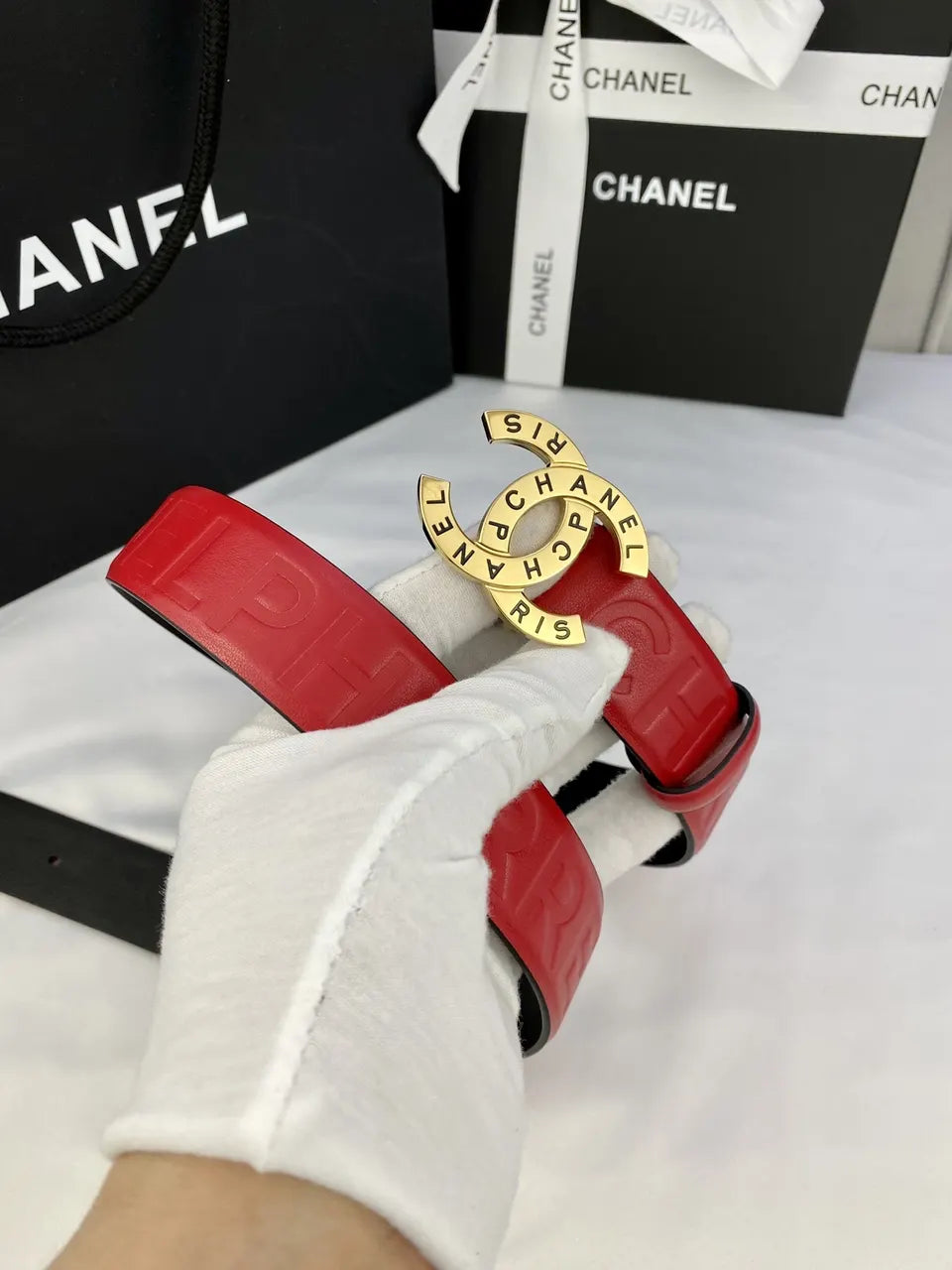 Chanel Red Leather Embossed Belt
