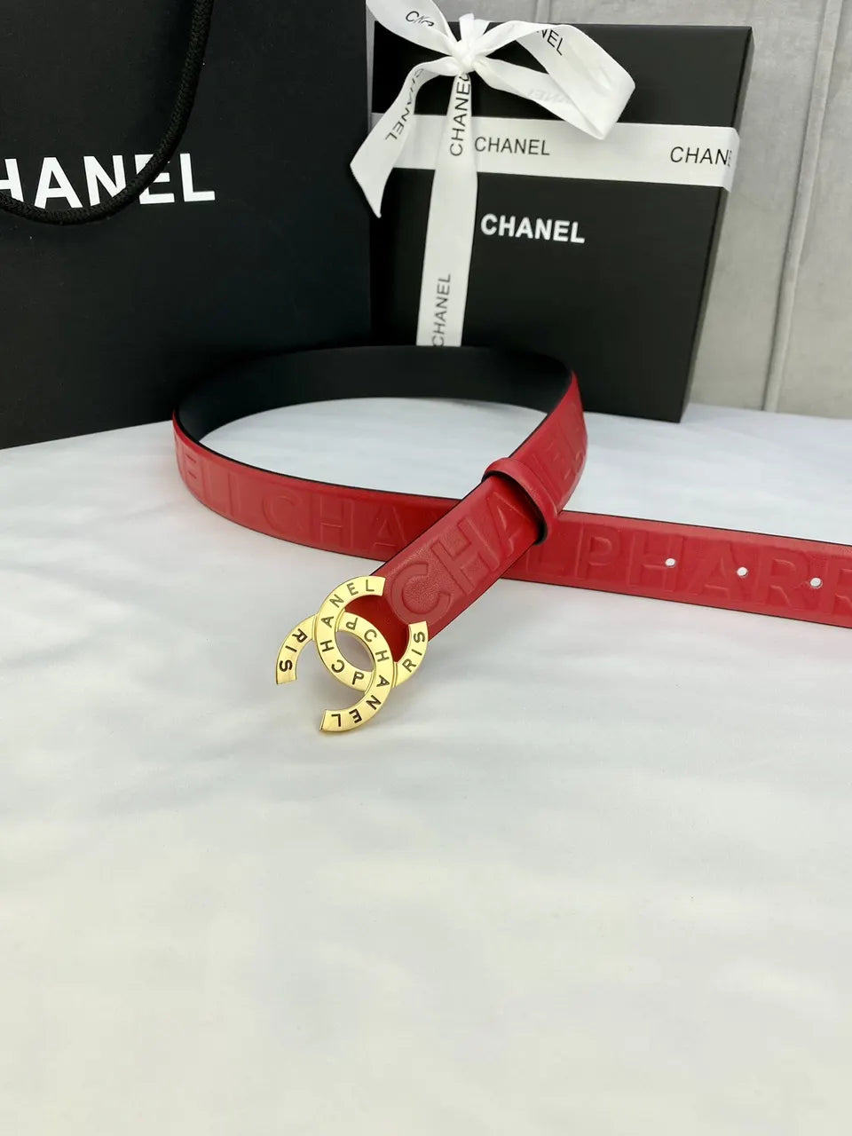 Chanel Red Leather Embossed Belt - Hình 2