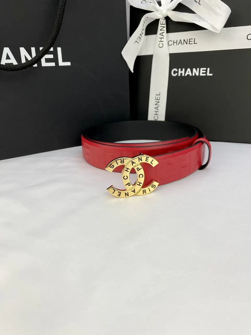 Chanel Red Leather Embossed Belt - Hình 3