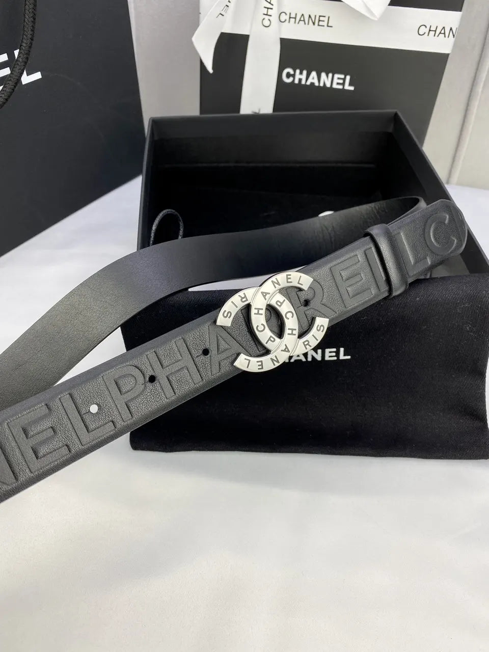 Chanel Embossed Black Leather Belt