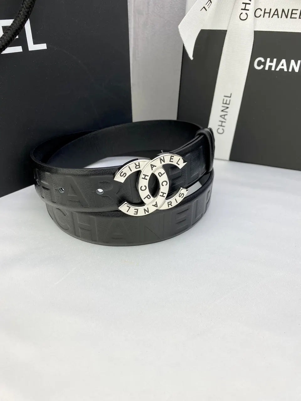 Chanel Embossed Black Leather Belt - Hình 2