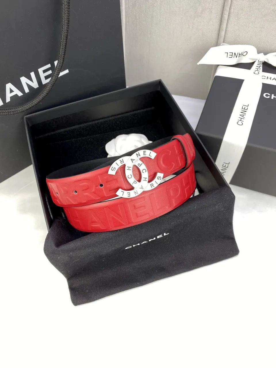 Chanel Red Leather Embossed Belt - Hình 8