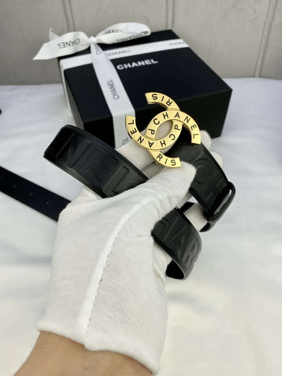 Chanel Embossed Black Leather Belt - Hình 6
