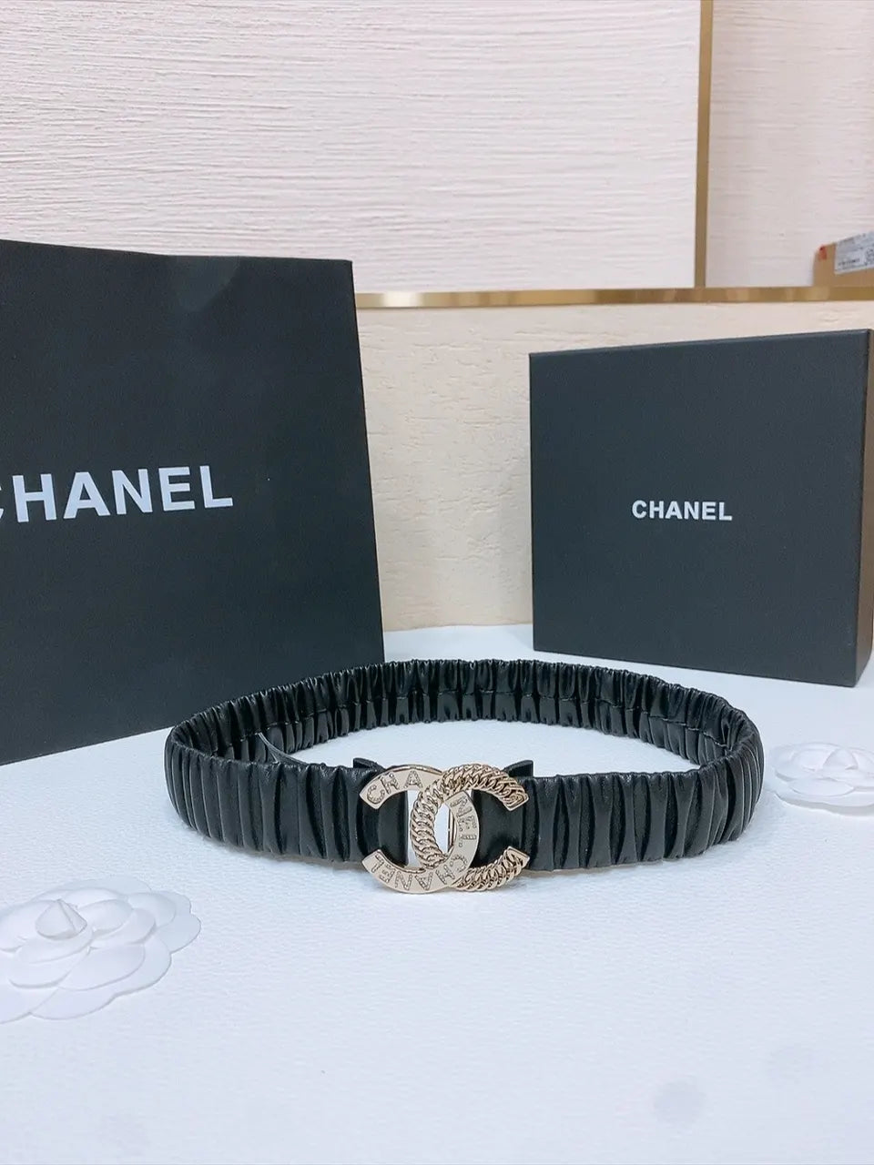 crystal Chanel Black Ruched Leather Belt