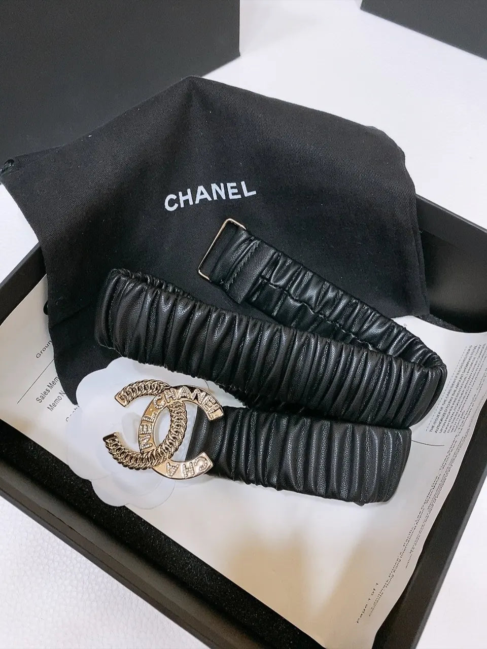 crystal Chanel Black Ruched Leather Belt - Hình 2