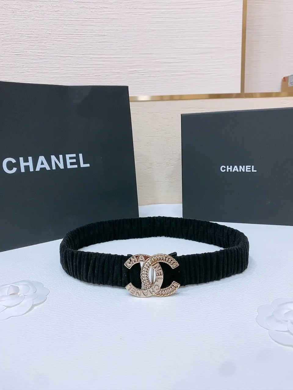 golden Chanel Black Velvet Belt