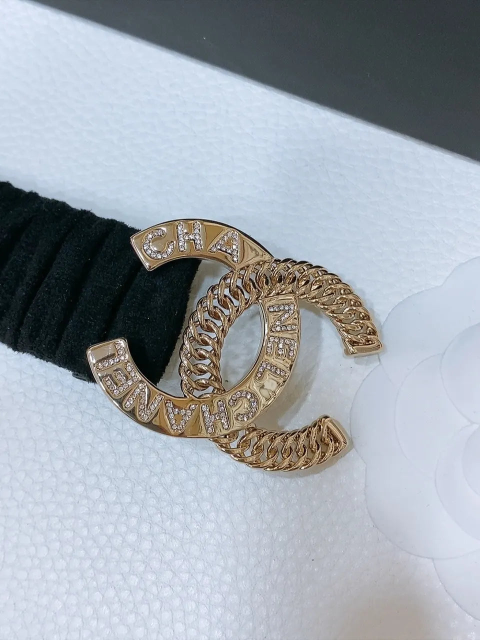golden Chanel Black Velvet Belt - Hình 3