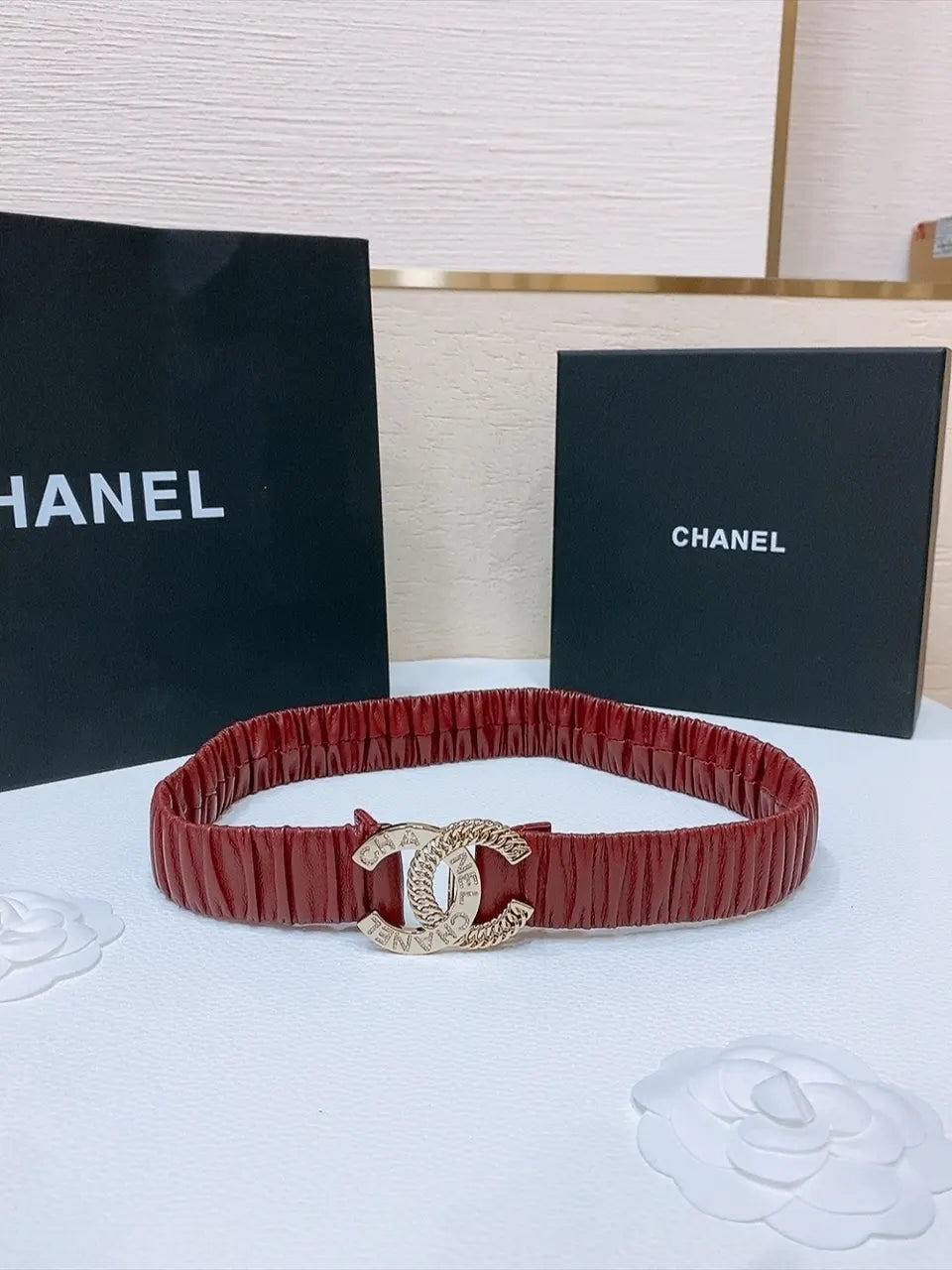 gold Chanel Burgundy Ruched Leather Belt