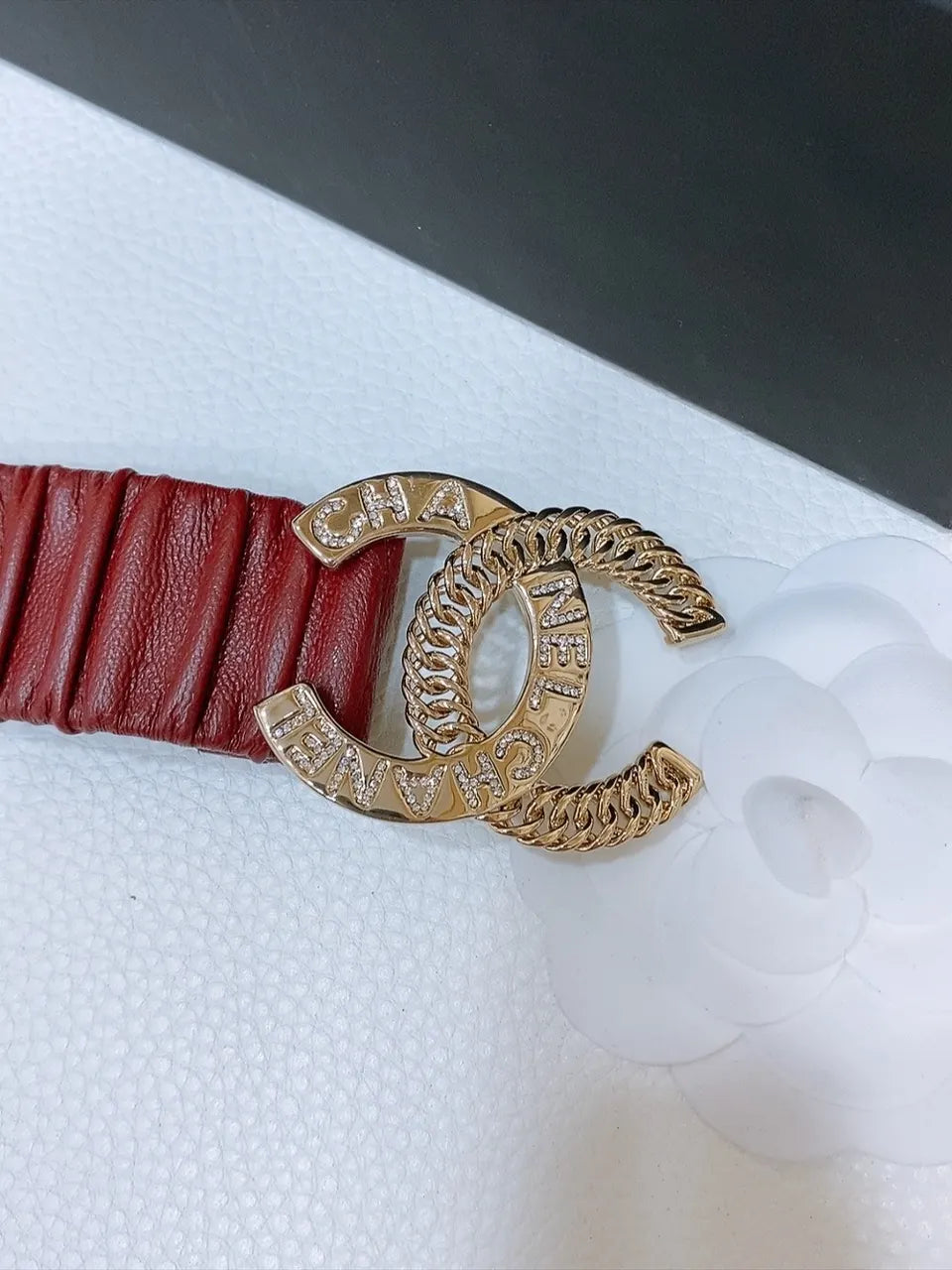 gold Chanel Burgundy Ruched Leather Belt - Hình 3