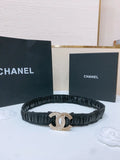 gold Chanel Black Ruched Leather Belt
