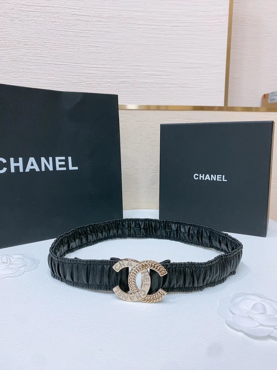 gold Chanel Black Ruched Leather Belt