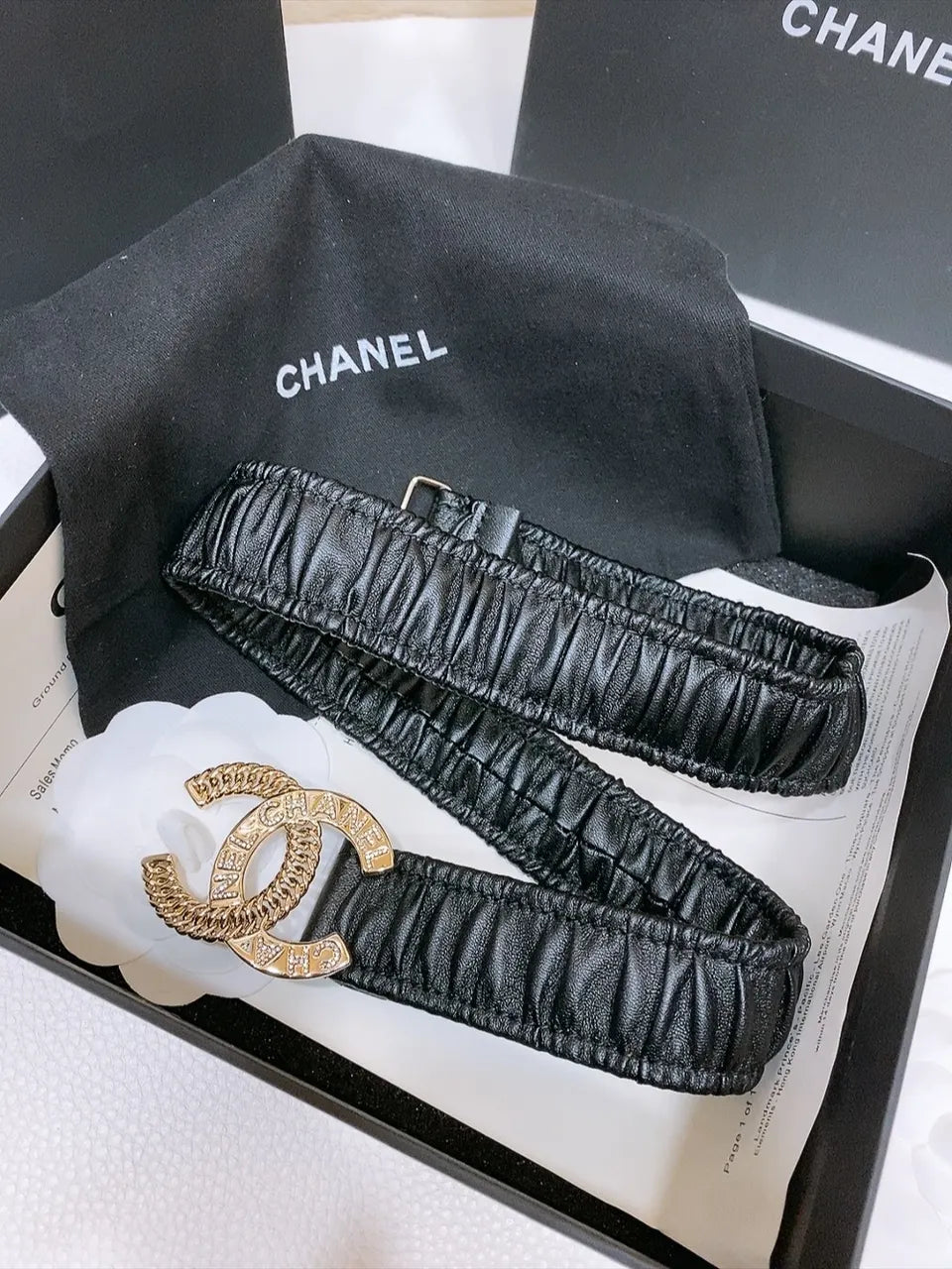 gold Chanel Black Ruched Leather Belt - Hình 2