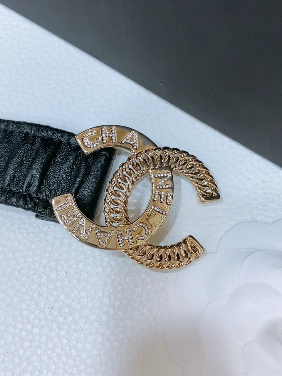 gold Chanel Black Ruched Leather Belt - Hình 3