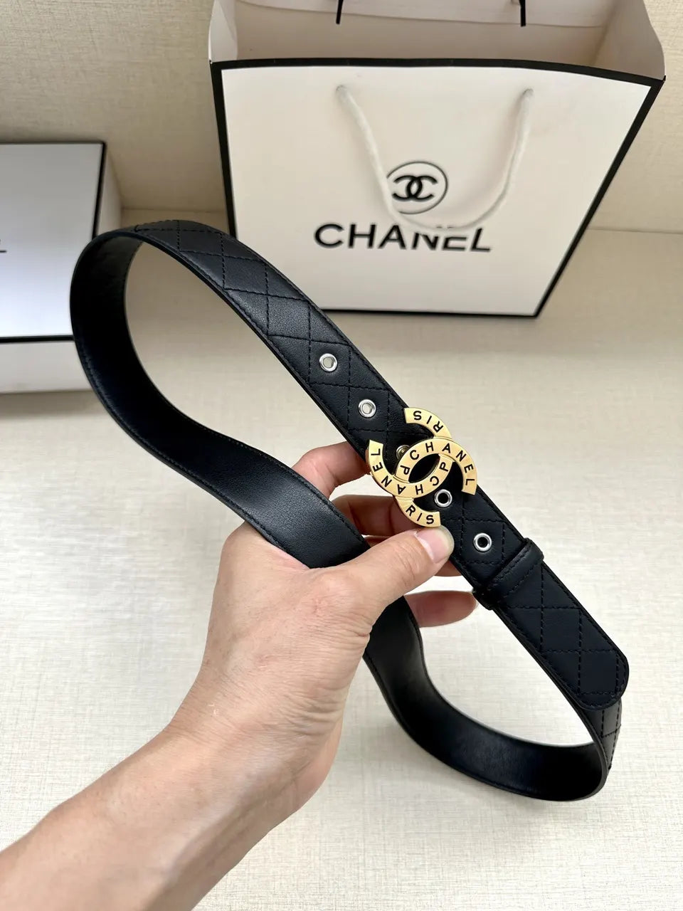 Chanel Quilted Leather Belt Gold CC - Hình 2