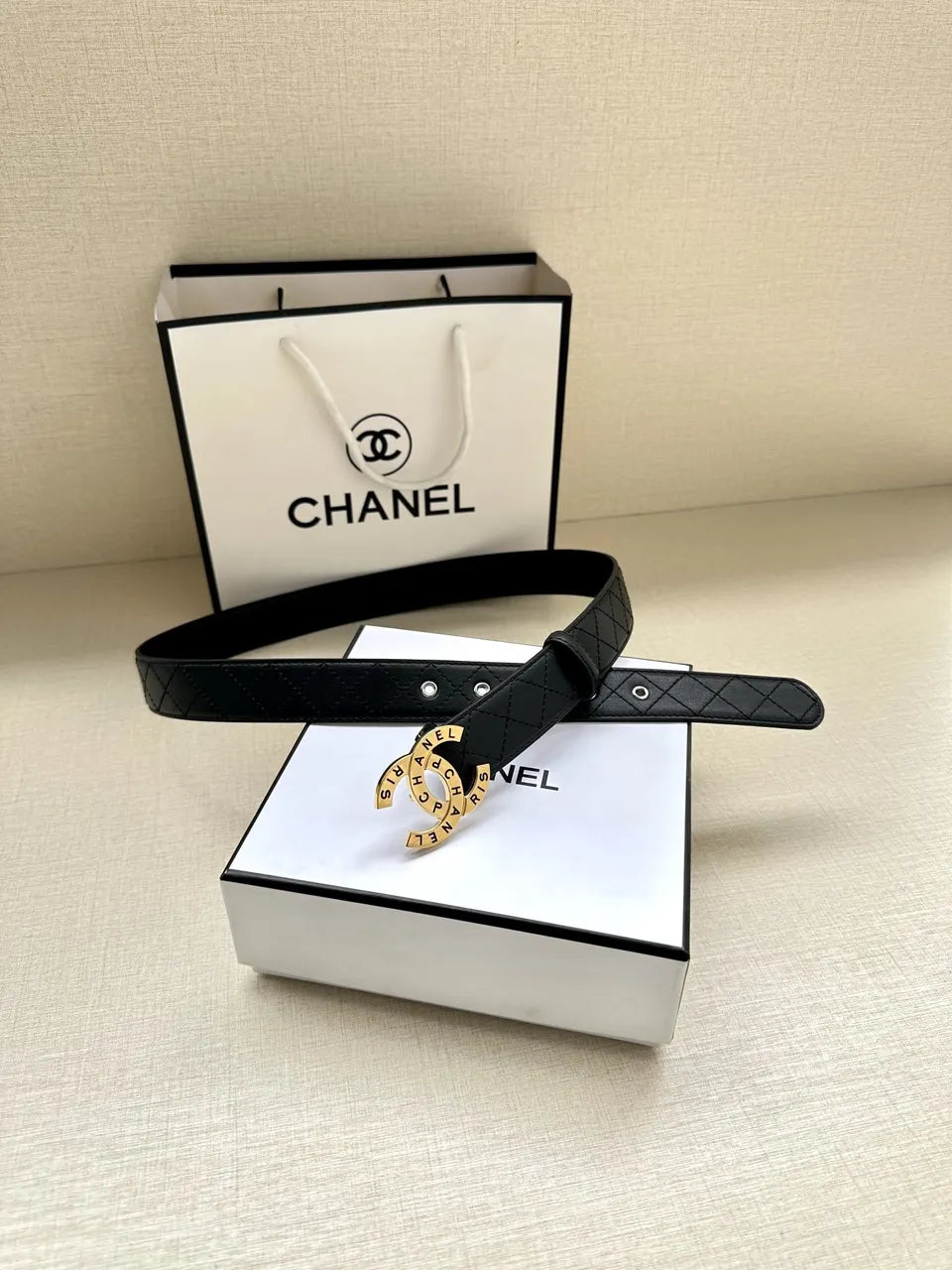 Chanel Quilted Leather Belt Gold CC - Hình 3