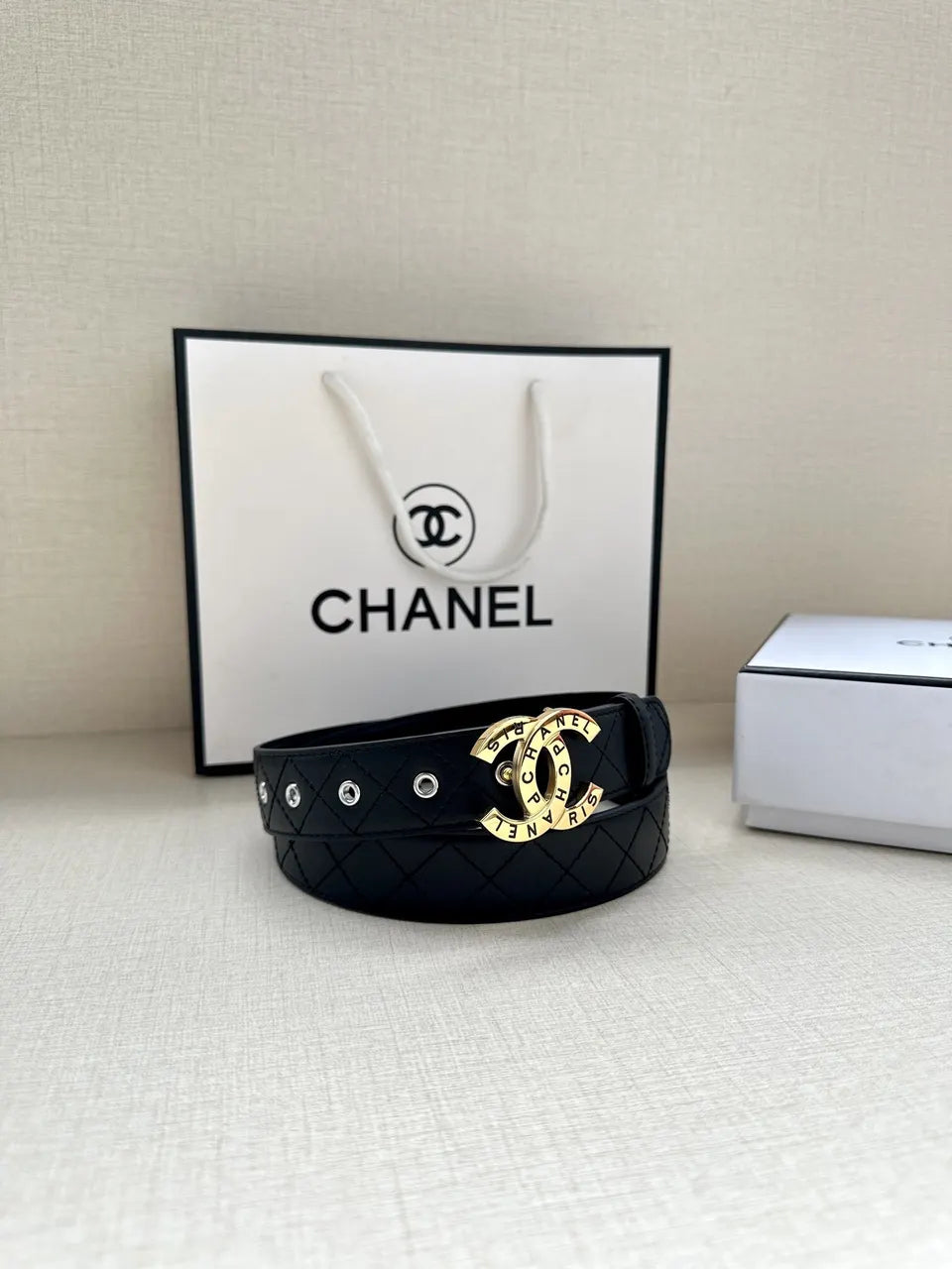Chanel Quilted Leather Belt Gold CC - Hình 4