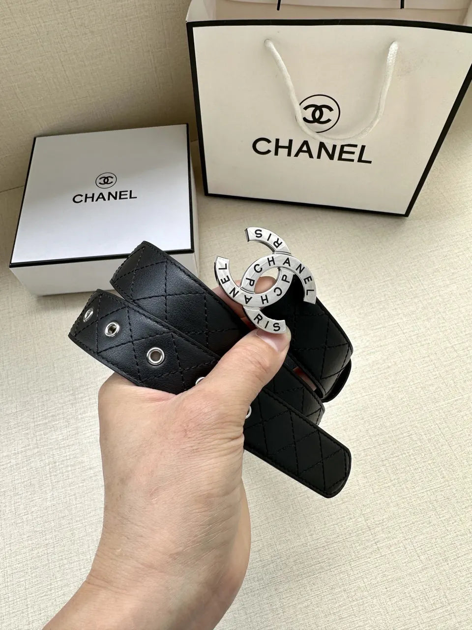 Chanel Quilted Leather Belt Gold CC - Hình 8