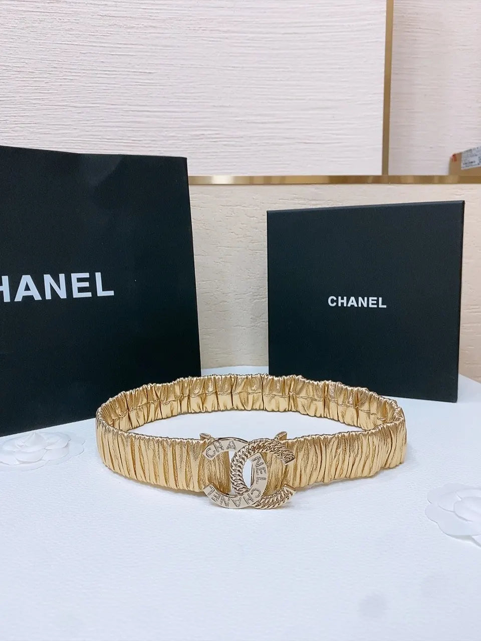 rhinestone Chanel Gold Ruched Leather Belt